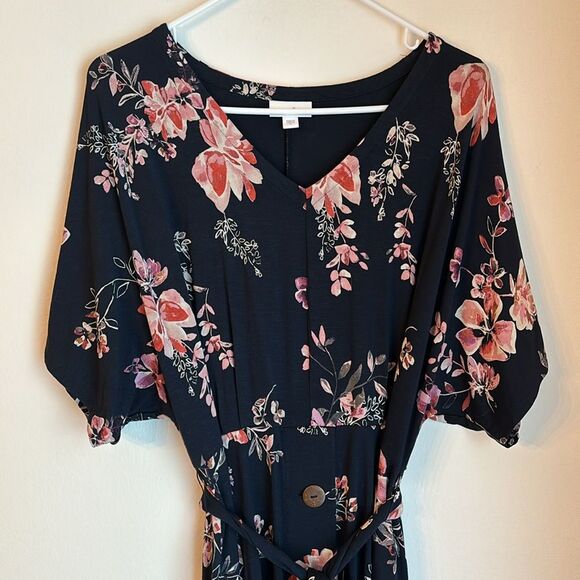 J. Jill Women Dolman Floral Navy button down tie waist short sleeve dress medium - Picture 4 of 12